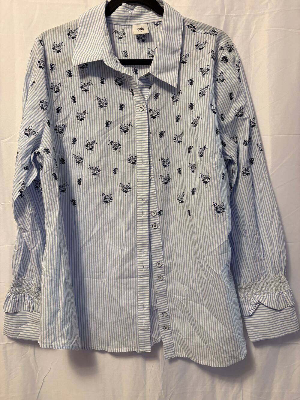 Cabi Floral Stripe Top Blue White Ruffle Sleeve Sz XL